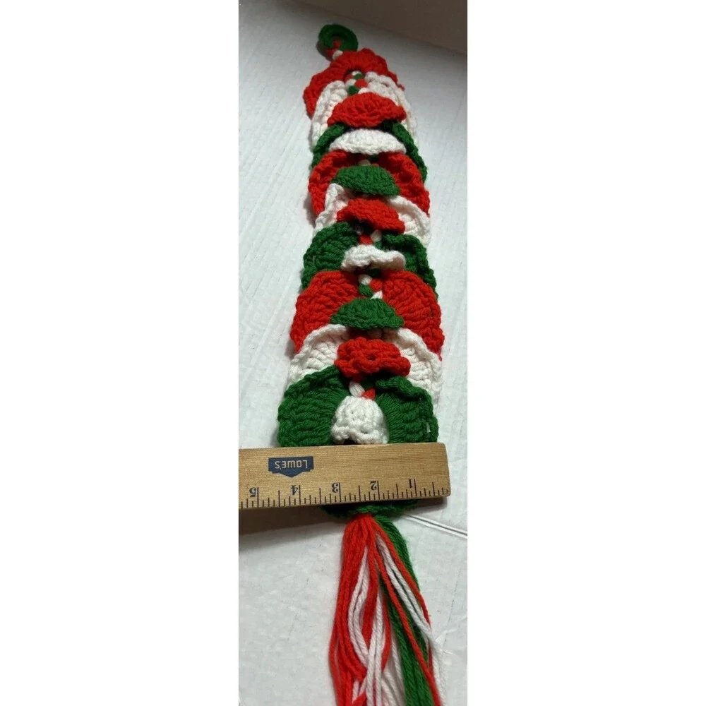 Vintage Handmade Crochet Christmas Bell Door Hanging Red Green Tassel 25”